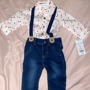 Heart button down shirt with suspenders and jeans